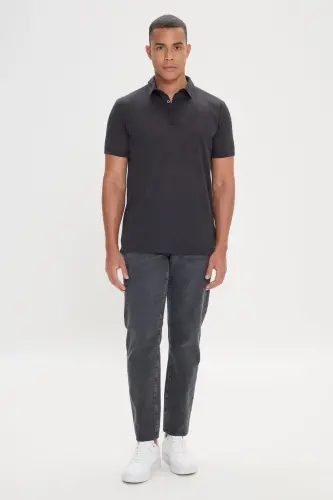 Erkek Siyah Slim Fit Dar Kesim Polo Yaka Düz Casual Tişört-Siyah - 4