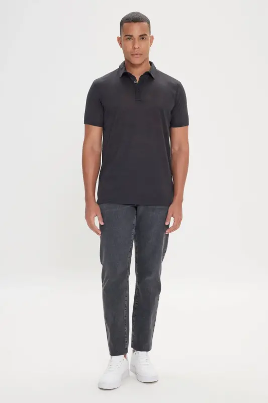 Erkek Siyah Slim Fit Dar Kesim Polo Yaka Düz Casual Tişört-Siyah - 4