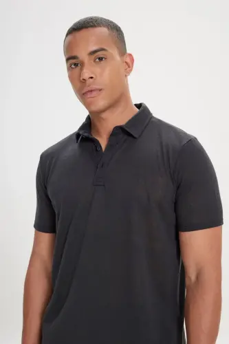 Erkek Siyah Slim Fit Dar Kesim Polo Yaka Düz Casual Tişört-Siyah - 5
