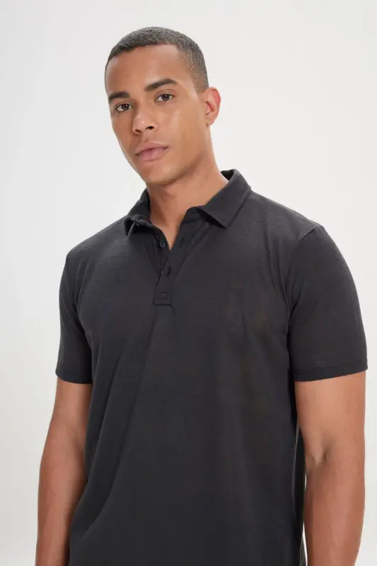 Erkek Siyah Slim Fit Dar Kesim Polo Yaka Düz Casual Tişört-Siyah - 5