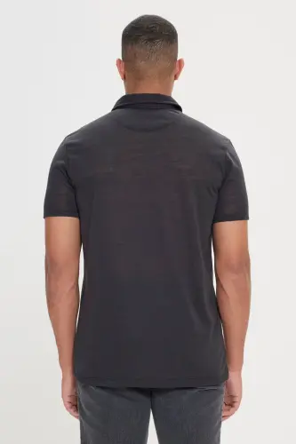 Erkek Siyah Slim Fit Dar Kesim Polo Yaka Düz Casual Tişört-Siyah - 7