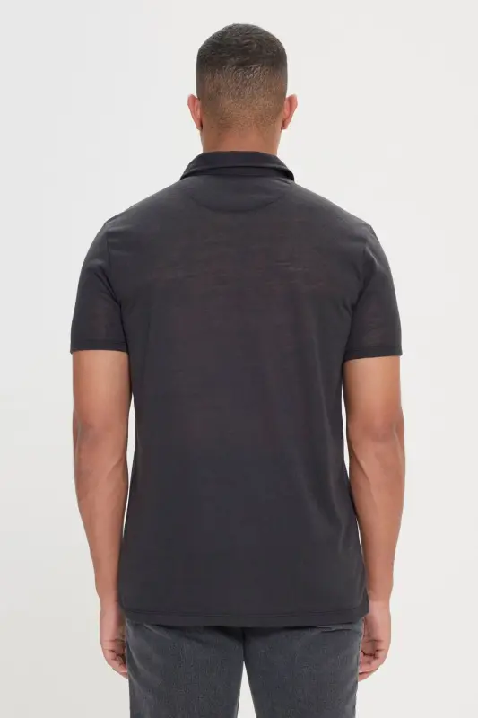 Erkek Siyah Slim Fit Dar Kesim Polo Yaka Düz Casual Tişört-Siyah - 7