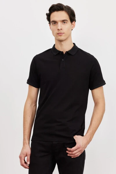 Erkek Siyah Slim Fit Dar Kesim Polo Yaka Kısa Kollu Basic Tişört-Siyah 