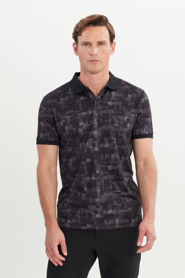 Erkek Siyah Slim Fit Dar Kesim Polo Yaka Pamuklu Baskılı Tişört - 1