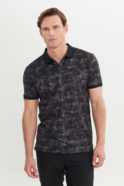 Erkek Siyah Slim Fit Dar Kesim Polo Yaka Pamuklu Baskılı Tişört - 3