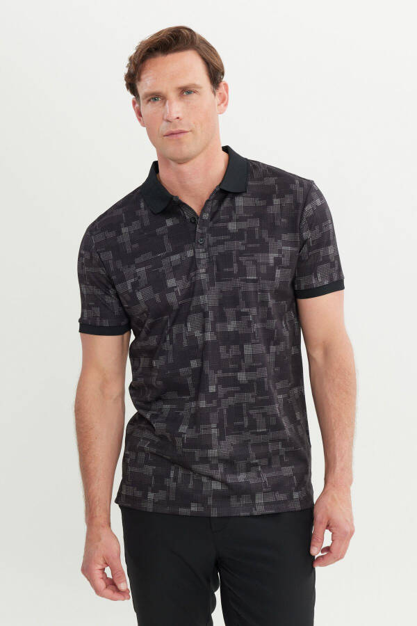 Erkek Siyah Slim Fit Dar Kesim Polo Yaka Pamuklu Baskılı Tişört - 3