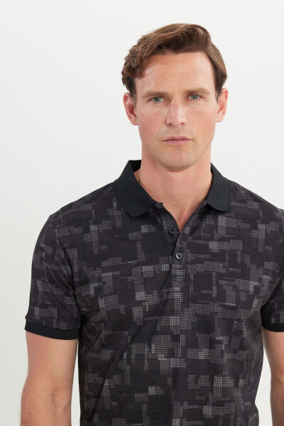 Erkek Siyah Slim Fit Dar Kesim Polo Yaka Pamuklu Baskılı Tişört - 4