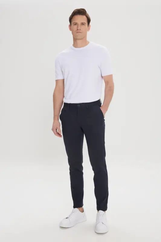 Erkek Siyah Slim Fit Dar Kesim Yan Cepli Pamuklu Esnek Armürlü Pantolon - Siyah - 2
