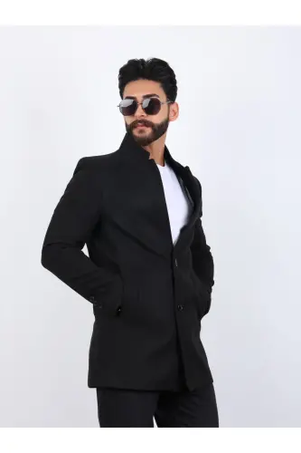 Erkek Siyah Slim Fit Dik Yaka Kaşe Kaban - SİYAH - BS BLACK SMOKİN (1)