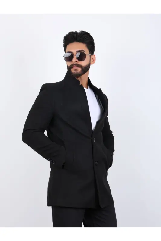 Erkek Siyah Slim Fit Dik Yaka Kaşe Kaban - SİYAH - 2