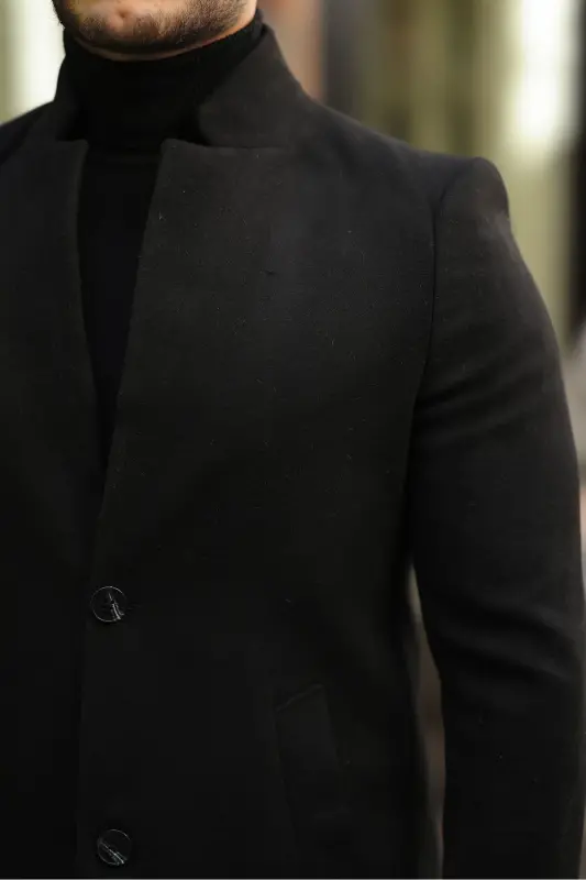 Erkek Siyah Slim Fit Dik Yaka Kaşe Kaban - Siyah - 3