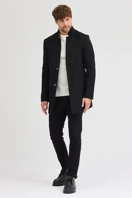 Erkek Siyah Slim Fit Dik Yaka Kaşe Kaban-Siyah - 3