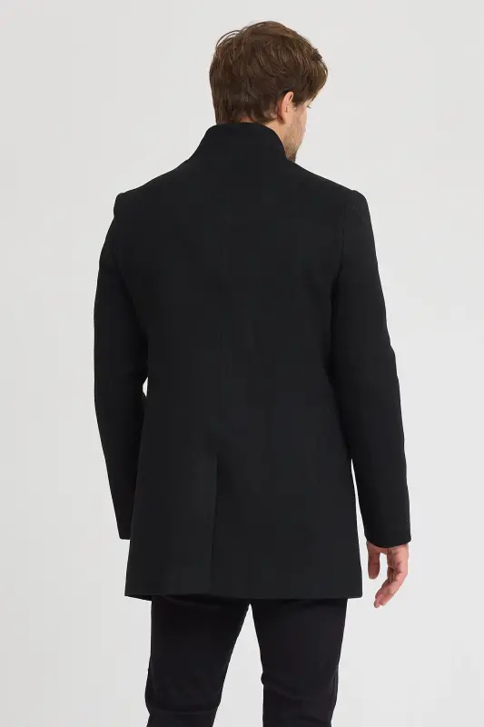 Erkek Siyah Slim Fit Dik Yaka Kaşe Kaban-Siyah - 5