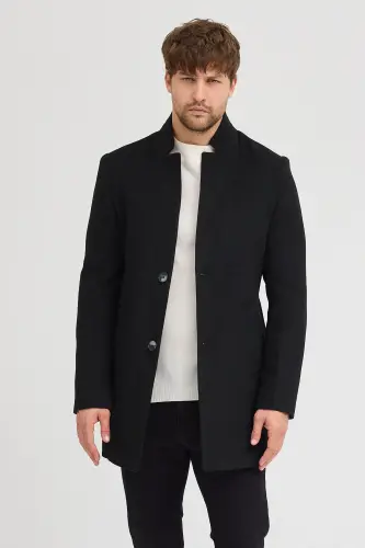 Erkek Siyah Slim Fit Dik Yaka Kaşe Kaban-Siyah - 1