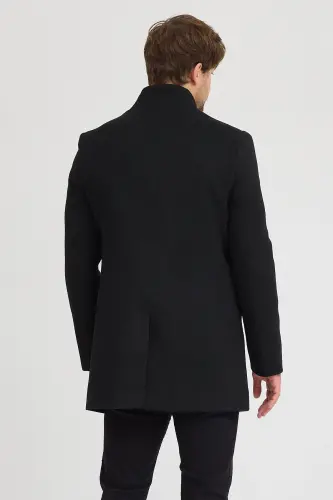 Erkek Siyah Slim Fit Dik Yaka Kaşe Kaban-Siyah - 5