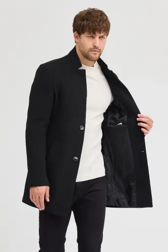 Erkek Siyah Slim Fit Dik Yaka Kaşe Kaban - Siyah - MODAMESTO (1)
