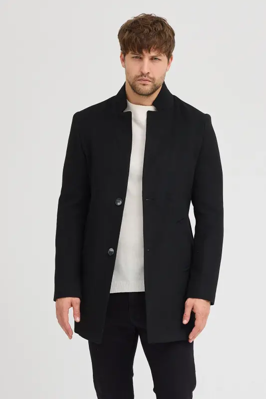 Erkek Siyah Slim Fit Dik Yaka Kaşe Kaban-Siyah - MODAMESTO