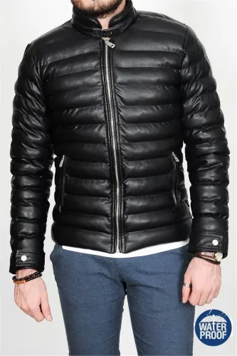 Erkek Siyah Slim Fit Içi Kürklü Iç Cepli Şişme Deri Mont - Siyah - OLIGGOPOL (1)