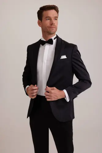 Erkek Siyah Slim Fit Kırlangıç Yaka Damatlık - Siyah - 3