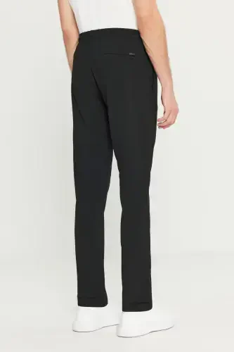 Erkek Siyah Slim Fit Rahat Kesim Beli Bağlamalı Yan Cepli Jogger Pantolon-Siyah - 8