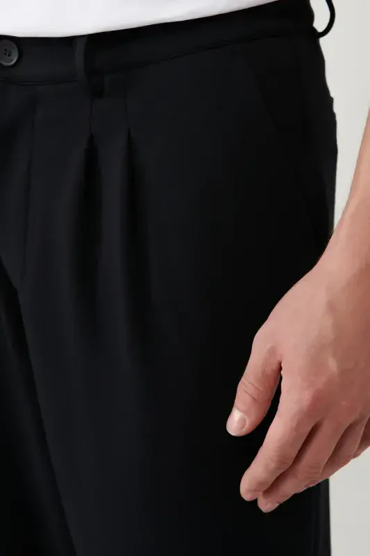 Erkek Siyah Klasik Bel Pileli Baggy Fit Örme Pantolon A41Y3075-Siyah - 7