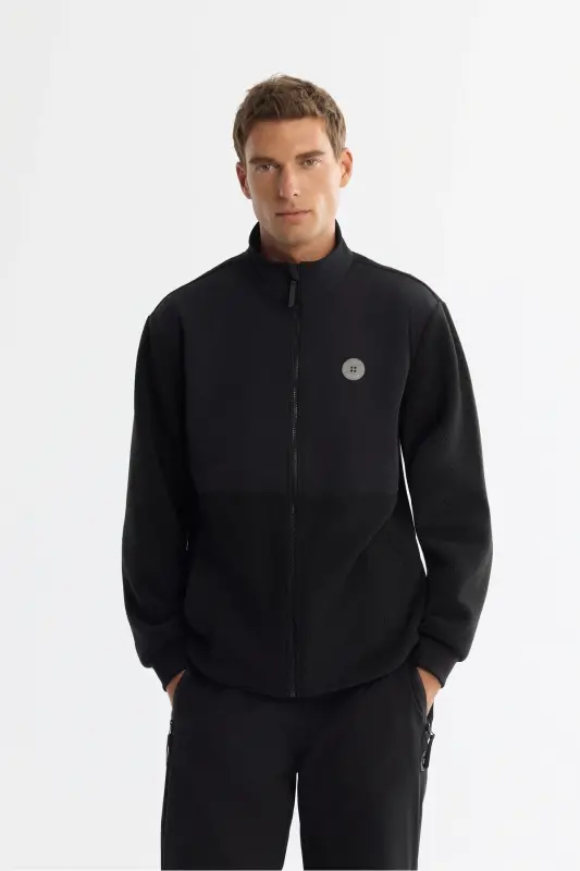 Erkek Siyah Soğuğa Dayanıklı Dik Yaka Fermuarlı Polar Regular Fit Sweatshirt A42Y1311 - Siyah - 1
