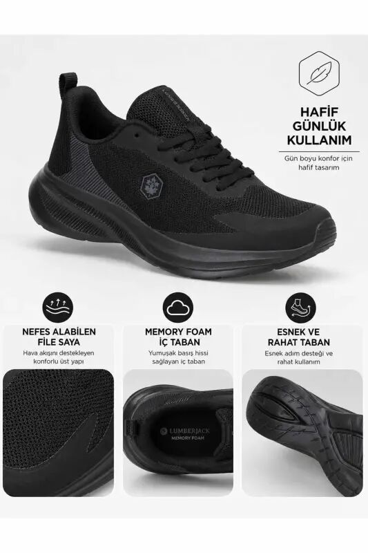 Erkek Siyah Spor Ayakkabı Memory Foam İç Taban Nefes Alabilen File Esnek Hafif Günlük Sneaker LMBR-440 - Black/Black - Lumberjack