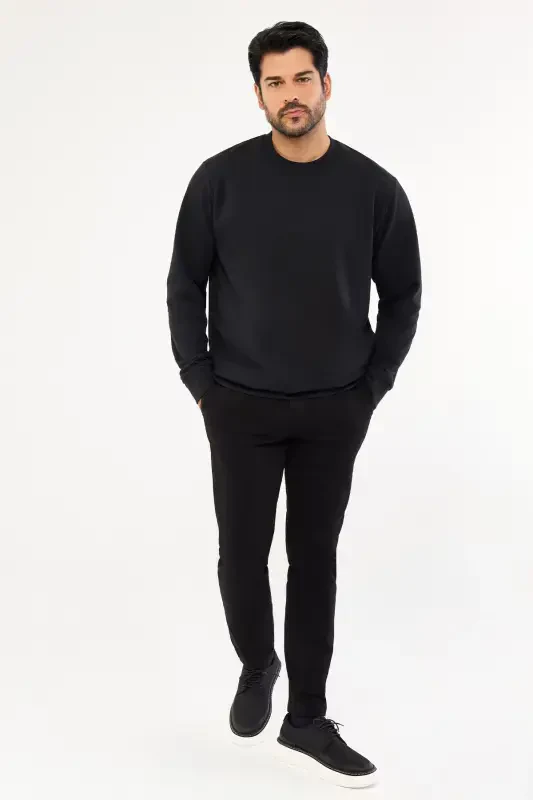 Erkek Siyah Standart Fit Normal Kesim 2 İplik Pamuklu Bisiklet Yaka Sweatshirt-Siyah - 3