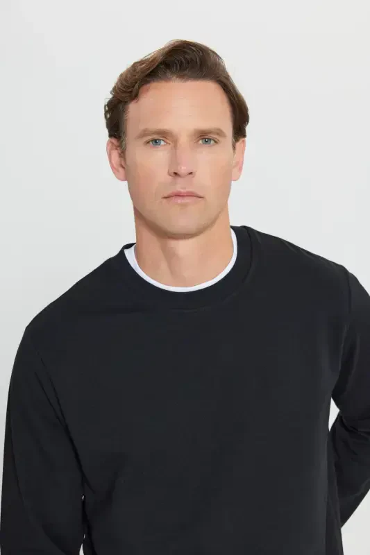 Erkek Siyah Standart Fit Normal Kesim 2 İplik Pamuklu Bisiklet Yaka Sweatshirt-Siyah - 4