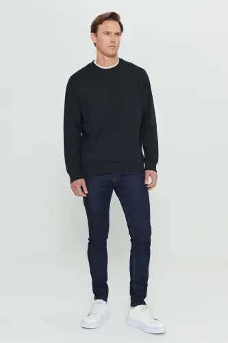 Erkek Siyah Standart Fit Normal Kesim 2 İplik Pamuklu Bisiklet Yaka Sweatshirt-Siyah - 6