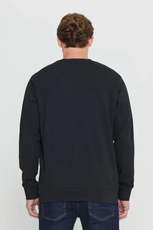 Erkek Siyah Standart Fit Normal Kesim 2 İplik Pamuklu Bisiklet Yaka Sweatshirt-Siyah - 7