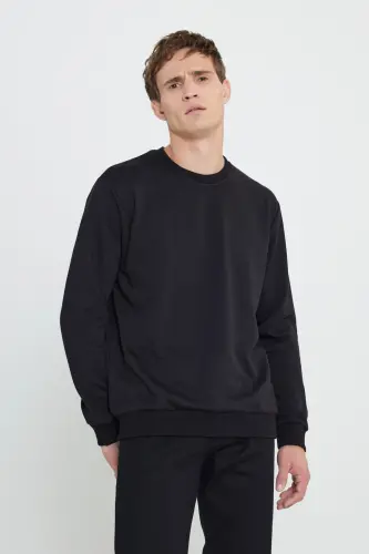 Erkek Siyah Standart Fit Normal Kesim Bisiklet Yaka 3 Iplik Pamuklu Sweatshirt - Siyah - 1