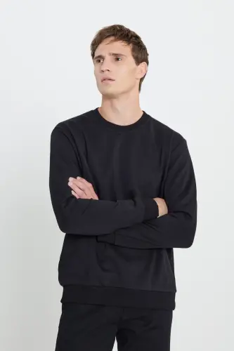 Erkek Siyah Standart Fit Normal Kesim Bisiklet Yaka 3 Iplik Pamuklu Sweatshirt - Siyah - 3