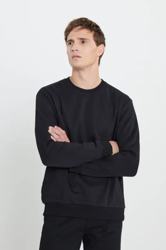 Erkek Siyah Standart Fit Normal Kesim Bisiklet Yaka 3 Iplik Pamuklu Sweatshirt - Siyah - 3