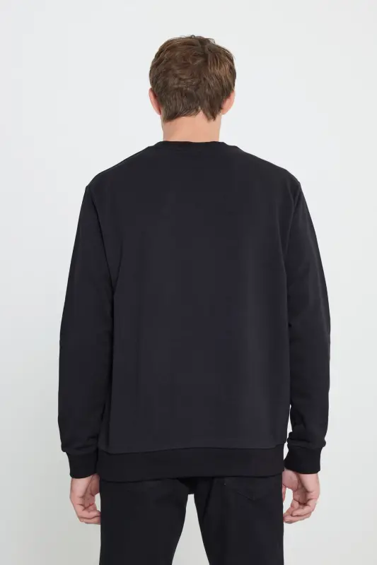 Erkek Siyah Standart Fit Normal Kesim Bisiklet Yaka 3 Iplik Pamuklu Sweatshirt - Siyah - 5