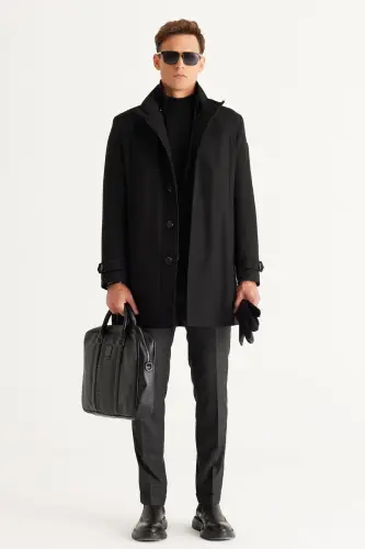 Erkek Siyah Standart Fit Normal Kesim Dik Yaka Yünlü Desenli Kaban-Siyah - ALTINYILDIZ CLASSICS (1)