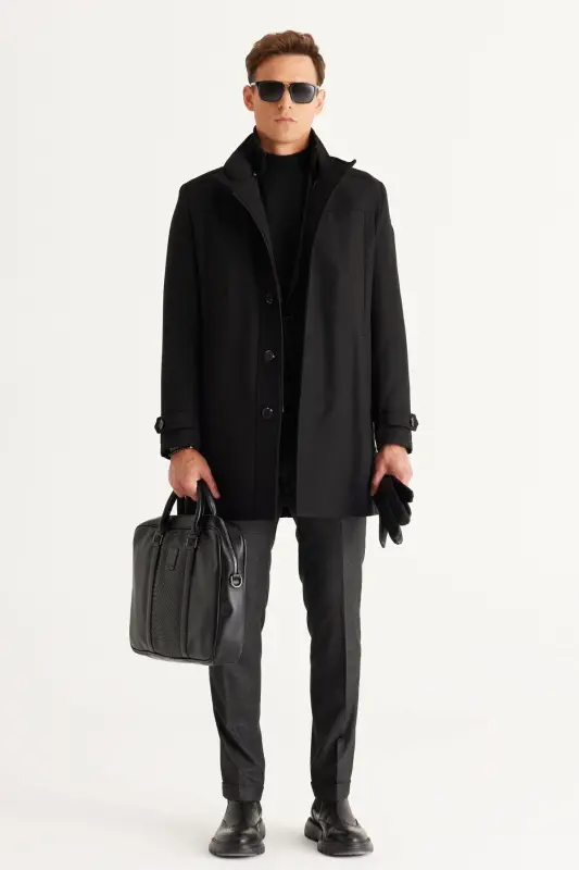 Erkek Siyah Standart Fit Normal Kesim Dik Yaka Yünlü Desenli Kaban-Siyah - 2