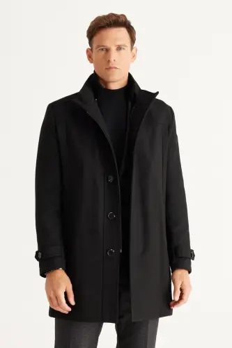 Erkek Siyah Standart Fit Normal Kesim Dik Yaka Yünlü Desenli Kaban-Siyah - 4