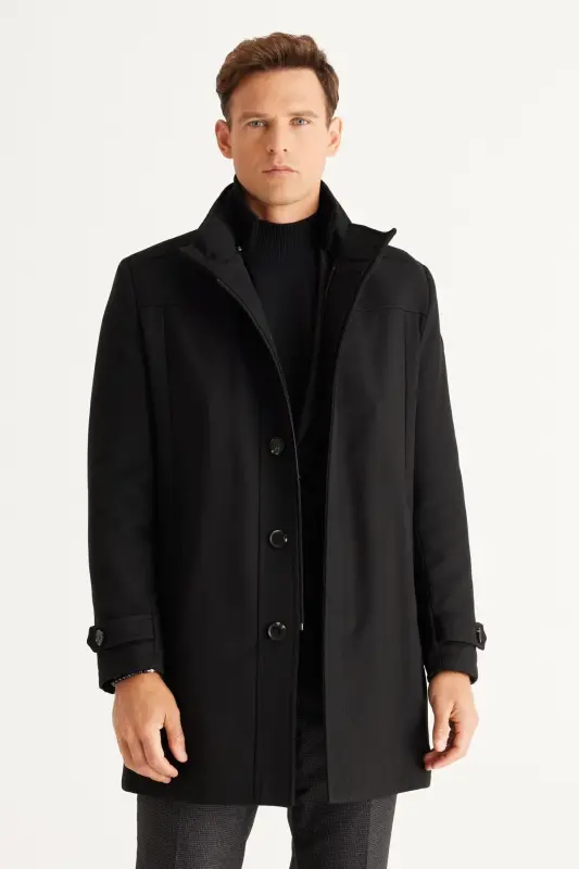 Erkek Siyah Standart Fit Normal Kesim Dik Yaka Yünlü Desenli Kaban-Siyah - 4