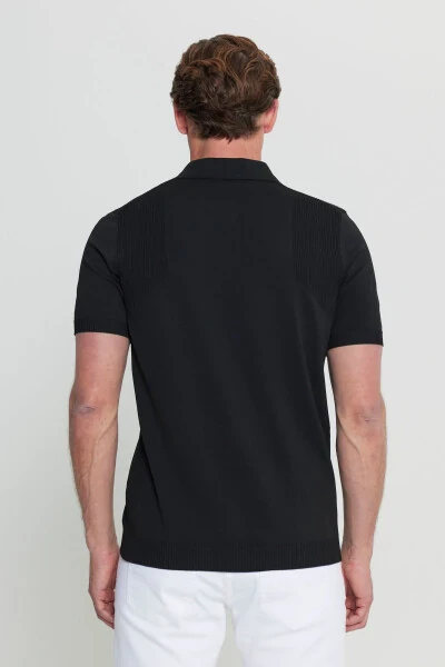 Erkek Siyah Standart Fit Normal Kesim Polo Yaka Jakarlı Triko Tişört-Siyah - 5