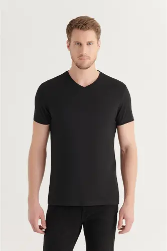 Erkek Siyah %100 Pamuk V Yaka Regular Fit T-Shirt E001001 - Siyah 