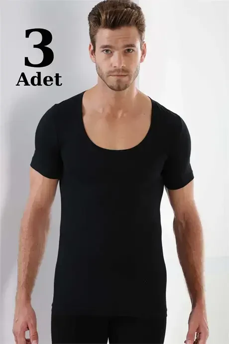 Erkek Siyah T-Shirt Bisiklet Yaka Kısa Kollu %100 Pamuk 3'lü Paket - 1