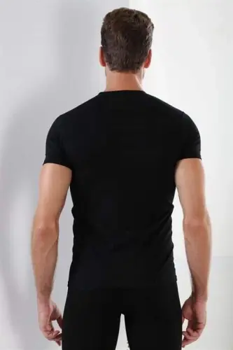 Erkek Siyah T-Shirt Sıfır Yaka Kısa Kollu 3'lü Paket %100 Pamuk - 5