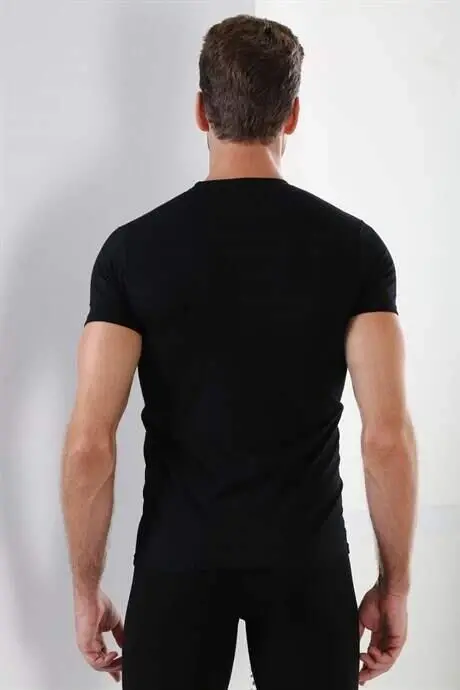 Erkek Siyah T-Shirt Sıfır Yaka Kısa Kollu 3'lü Paket %100 Pamuk - 5