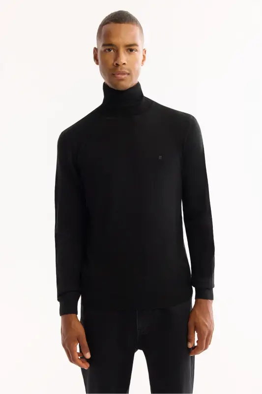 Erkek Siyah Balıkçı Yaka Yün Karışımlı Triko Regular Fit Kazak B005014 - Siyah - 5