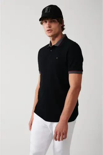 Erkek Siyah Yakası Çizgili %100 Pamuk 2 Düğmeli Polo Yaka Regular Fit T-Shirt E001036 - 3
