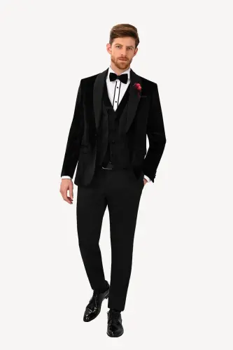 Erkek Siyah Yelekli Şal Yaka Slim Fit Damatlık - Siyah - 1