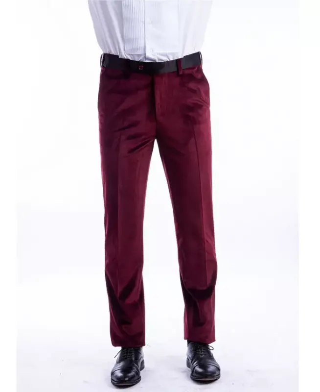 Men's Skinny Modern Fit Velvet Tuxedo Dress Pants - Burgundy - 1