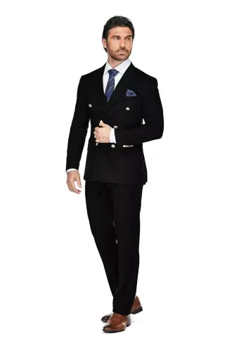 Men's Slim Fit 2-Piece Double Breasted Suit - Black 