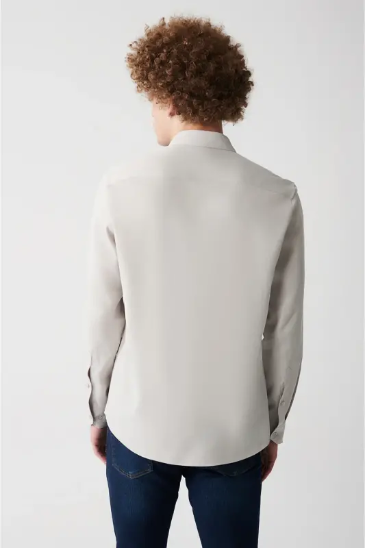 Erkek Açık Gri Düğmeli Yaka Keten Karışımlı Slim Fit Gömlek B002001-Açık Gri - 4